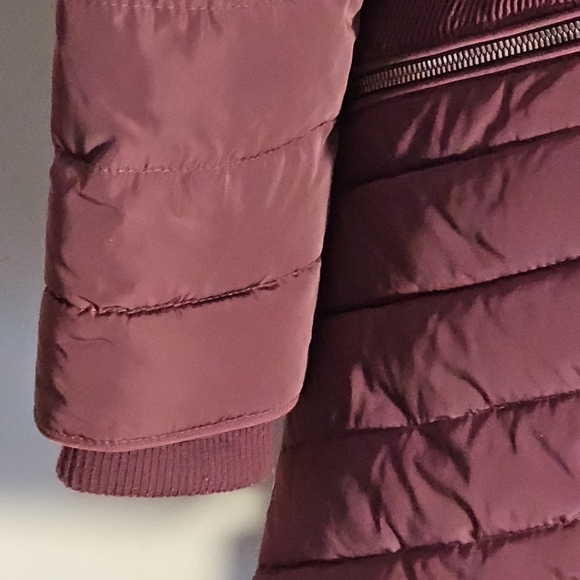 DKNY womens‎ Puffer Coat Jacket Fur Trim Detachable Hood Warm XS Burgundy - Picture 5 of 16